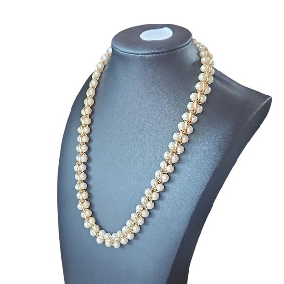 Pearl Necklace Gold Tone Chain Double Strand Statement Elegant Jewelry - Picture 1 of 7